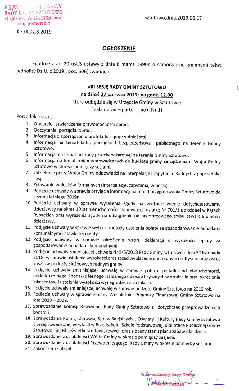 8 sesja rady gminy sztutowo