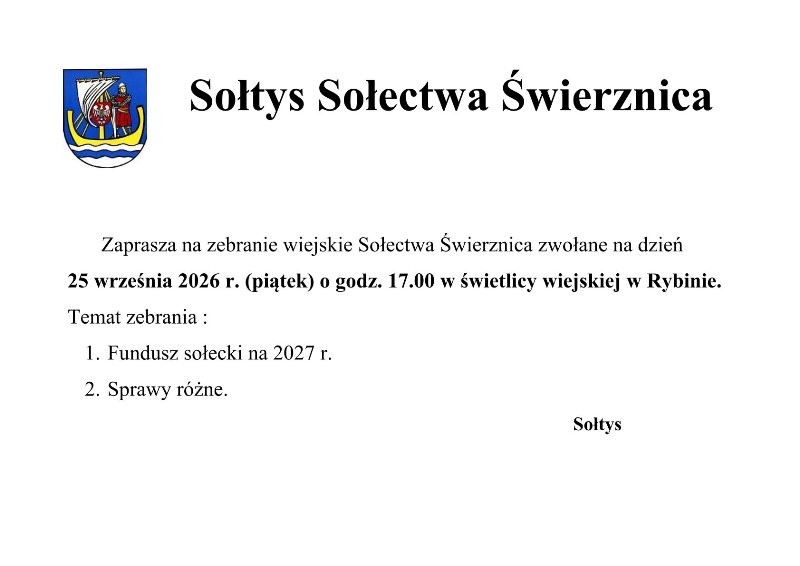 swierznica. mieszkancy spotkaja sie na zebraniu wiejskim 25.09.2026