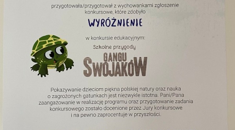 Wyróżnienie w ogólnopolskim konkursie „Mapa małej ojczyzny” dla szkoły podstawowej w Lubieszewie.2