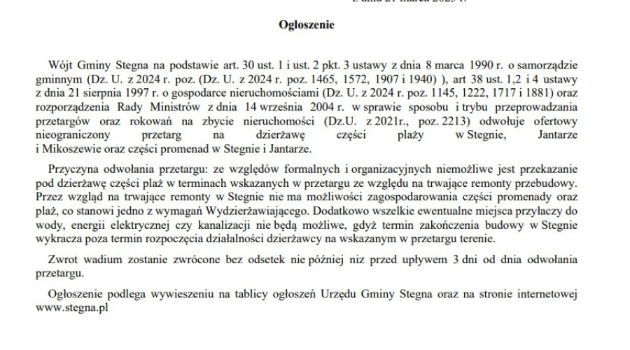 ogłoszenie wójta gminy stegna