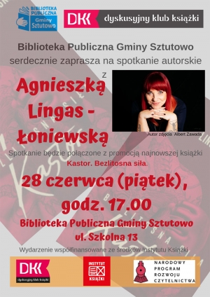 Sztutowo. Biblioteka publiczna zaprasza na spotkanie autorskie z Agnieszką Lingas - Łoniewską.