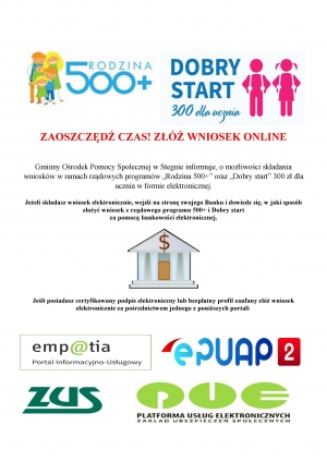 „Rodzina 500+” oraz „Dobry start” 300 zł Złóż wniosek w formie elektronicznej.