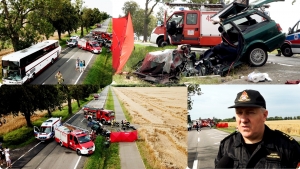 Czołowe zderzenie autobusu z osobówką na "55". Nie żyje 39-latek. Malbork- 27.07.2019