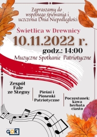 Zaproszenie na Muzyczne Spotkanie Patriotyczne do Drewnicy.