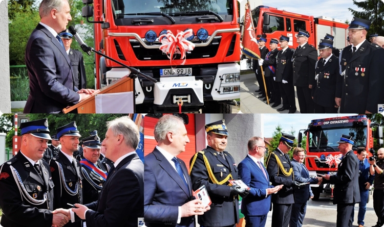 Wojewoda Pomorski przekazał kluczyki do nowego wozu ratowniczo - gaśniczego dla strażaków z Ostaszewa.