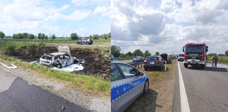Kolizja pięciu pojazdów na S7 pod Kmiecinem. Jeden samochód stanął w ogniu